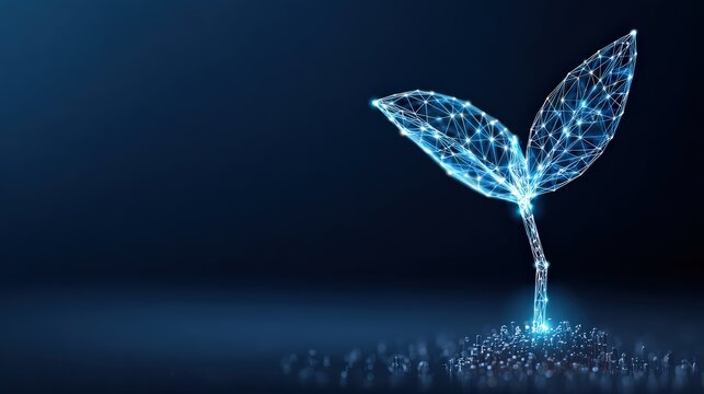 A digital sprout symbolizing growth and technology, glowing with a futuristic and innovative design against a gradient dark background. ..Created with Generative AI, not depicting real subjects.