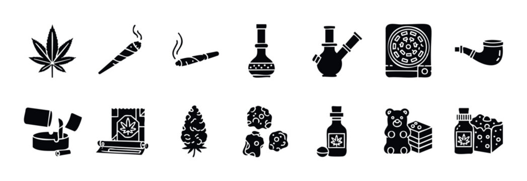 Cannabis and marijuana products black glyph icon collection, including leaf, joint, bong, grinder, pipe, edibles, and CBD oil for health and wellness applications.