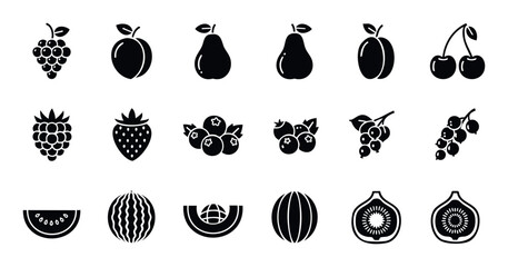 Collection of minimalist black silhouette fruit and berry icons for healthy food and nutrition applications, perfect for grocery stores, market menus, and digital app interfaces.