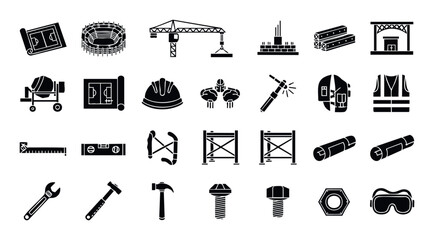 Comprehensive set of construction and building industry icons depicting various tools, equipment, and structural elements useful for engineering project presentations and architectural