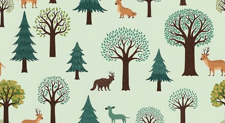 Whimsical forest animals and trees pattern.