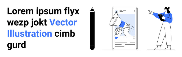 Megaphone on smartphone for announcements, black pen symbolizing creativity, and woman with tablet illustrating digital strategy. Ideal for marketing, promotion, creativity, blogging, design