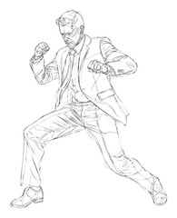 Fototapeta premium Dynamic line drawing of a businessman in a suit striking a powerful action pose with clenched fists, ideal for comics, storyboards, or visual narratives depicting strength and determination.