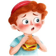 a cute boy eats a hamburger