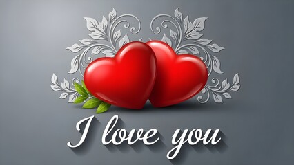 Two glossy red hearts rest against an ornate silver filigree backdrop with green leaves below them on a muted gray background above the elegantly scripted white text reading i love you providing a per