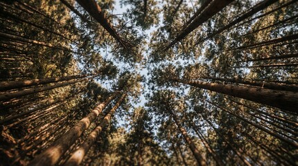 The towering trees reach towards the sky. The photo captures a unique perspective of a forest canopy, inviting the viewer to look up and feel the immensity of the natural world.