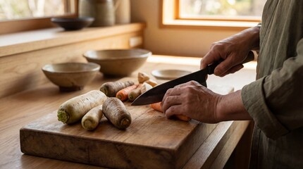 An individual masterfully prepares food with precise knife cuts on a wooden cutting board, capturing the art of culinary exploration.