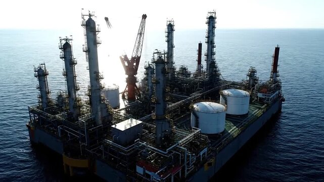 oblique aerial drone shot of floating oil refinery in the sea industrial platform with sharp details calm ocean waves daylight lighting no text no logo high resolution stock footage
