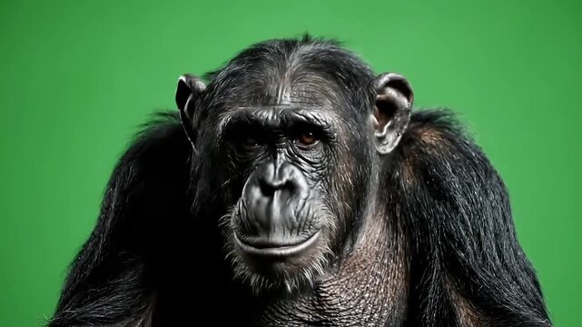 Close-up of a chimpanzee with an open mouth on green background