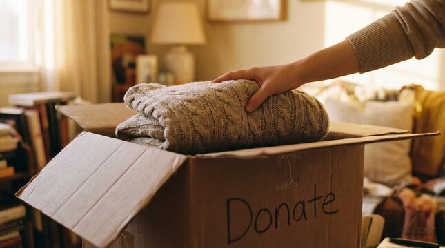 A caring person carefully packs a donation box, offering comfort. The person's gesture epitomizes compassion.