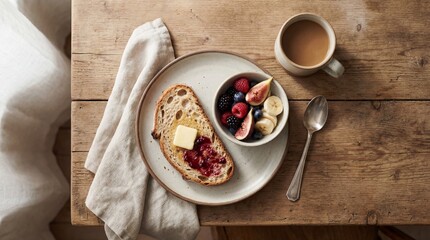 A close-up captures a delightful breakfast scene, featuring a slice of bread with butter and jam, alongside a bowl of fresh fruits, all set on a rustic wooden table, accompanied by a cup of coffee. 