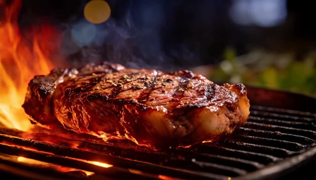 Juicy steak searing on a fiery grill, appetizing meat preparation, delicious dinner cooking., grilling, fire.