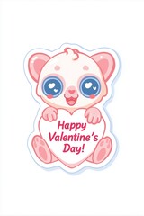 Cute big-eyed animal delivering Happy Valentine's Day message. Cute cartoon animal holding a pink sign for Valentine's Day celebration