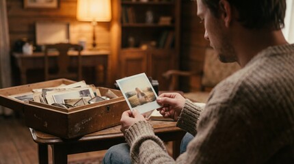 A contemplative moment as a man reminisces over a collection of vintage photographs, immersed in the nostalgia of cherished memories within a cozy, inviting interior setting.