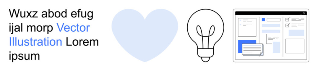 Creativity, design, innovation, digital art, user interface, inspiration. Blue heart, lightbulb and webpage wireframe. Creativity and design through symbolic icons and layout elements