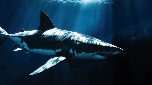 Great white shark gliding through deep blue ocean waters on a clear day, Great White Shark underwater in deep blue ocean water