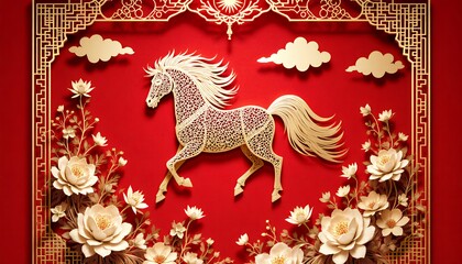 Fototapeta premium Intricate Paper Cut Art of Galloping Horse with Floral Accents