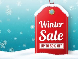Red winter sale tag with snow on top and up to 50 percent off on snowy background with snowflakes