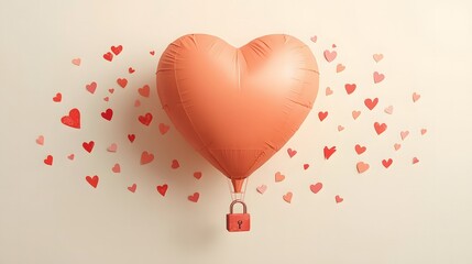 A large heart-shaped balloon floats amidst scattered hearts, secured by a small lock