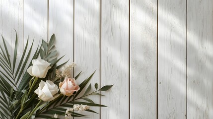 A soft bouquet of roses and palm leaves on a white wooden background