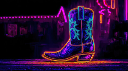 Neon cowboy boot with embroidery on dark wall concept. Vibrant neon cowboy boot illuminated against a colorful backdrop.