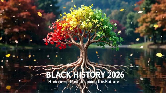 "Black History Month 2026 Celebration Background Loop with Colorful Tree of Life, Pan-African Roots, and Inspiring Typography"