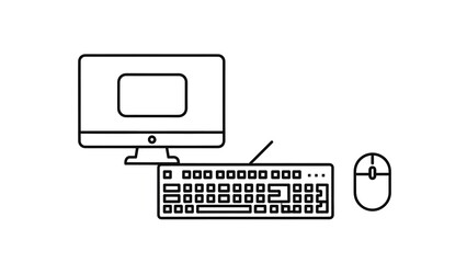 Simple black and white line art icon depicting a classic desktop computer setup including a monitor keyboard and wired mouse for digital work.