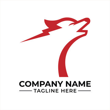 A minimalist red wolf head logo design with a lightning bolt incorporated, symbolizing speed and power