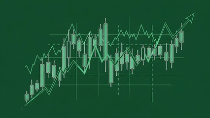 Vibrant digital illustration showcasing upward financial market trends and business growth, featuring an ascending candlestick and line graph for economic analysis