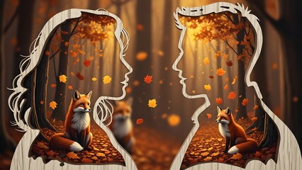 Two stylized human profiles frame a beautiful autumn scene featuring adorable foxes resting among brightly colored falling maple leaves in a magical forest setting