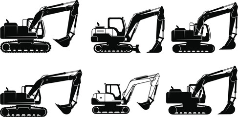 Silhouette Set of Excavators – Vector Icons of Construction Equipment with Boom, Arm, Bucket, and Cab Variations © Sohel