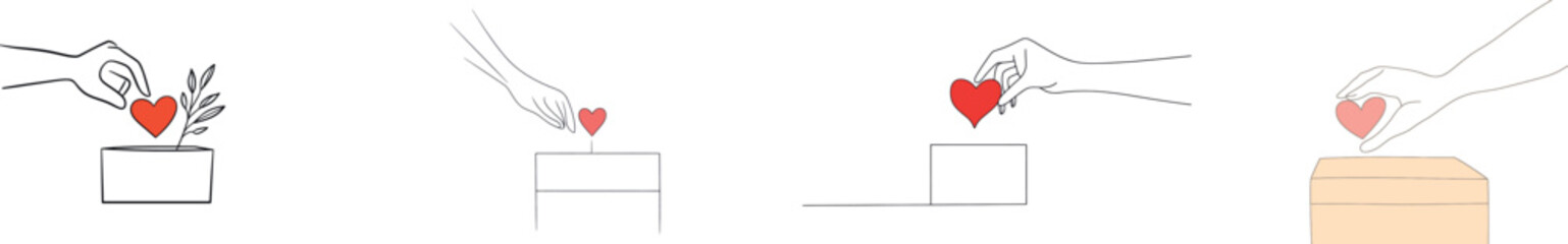In modern art, a continuous line heart is placed in box one, and a line art heart is placed in the hand, both created using hand drawing methods