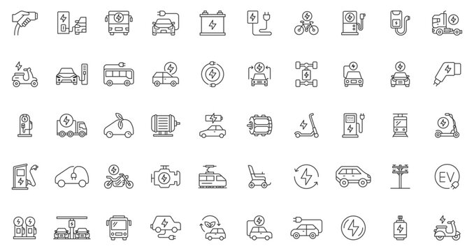 Electric car line icons. Electric bus, truck, vehicle, auto, charging station, parking. Outline editable stroke icon collection.
