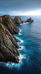 Fototapeta premium Dramatic coastal cliff rugged rock formation blue ocean crashing wave vertical landscape natural beauty serene scenic view