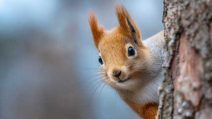 Obraz premium A Cute Red Squirrel Peeking from Behind a Thick Tree Trunk in a Winter Forest with a Soft Blurred Background