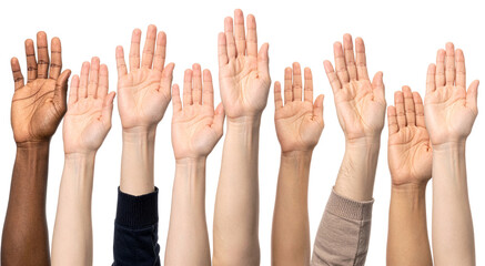 closeup of group hand up gesture in a row isolated on white background