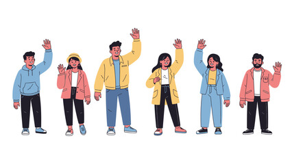 Fototapeta premium a group of cheerful young people waving their hands as a friendly greeting gesture.
