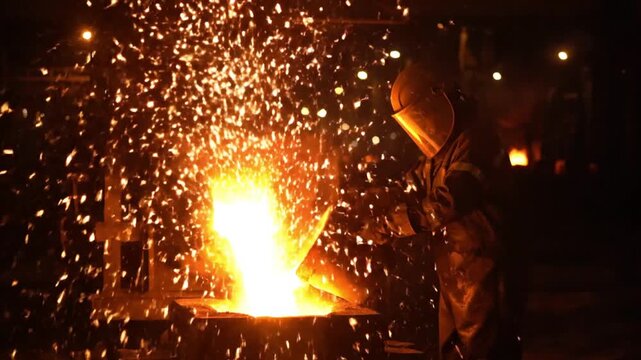 industrial foundry at night steel worker in safety gear beside furnace pouring molten metal glowing liquid flow sparks flying slow motion fire light casting dramatic highlights dark factory bokeh back