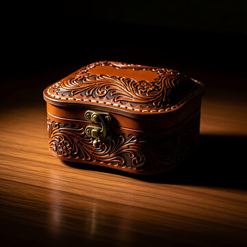 An ornate, vintage-style leather closed ring box with intricate floral embossing, resting on a polished wooden surface under dramatic chiaroscuro lighting.