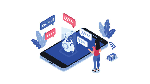 Young woman uses her smartphone to interact with an artificial intelligence chatbot for real time digital assistance.