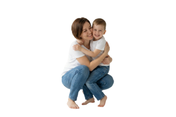 appy mother and son hugging and smiling warmly, isolated on a transparent background
