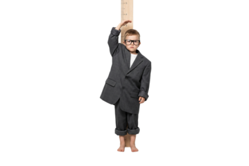 Little boy wearing a businessman's suit and glasses, measuring his height, isolated on a transparent background