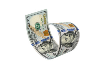 Curled one hundred US dollar bill flying, isolated on a transparent background