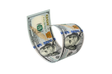 Curled one hundred US dollar bill flying, isolated on a transparent background