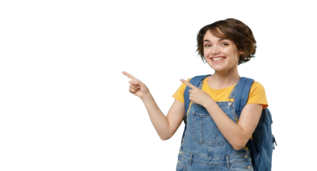 Excited schoolgirl with blue backpack pointing fingers at copy space, isolated on a transparent background