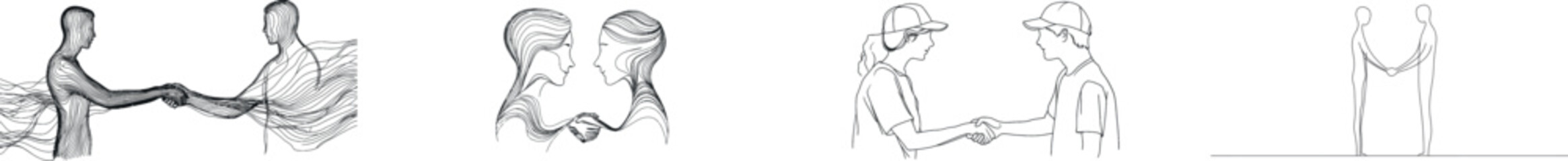 A modern, continuous line illustration of a handshake, designed for posters, interior design, and presentations, with hands in outline form