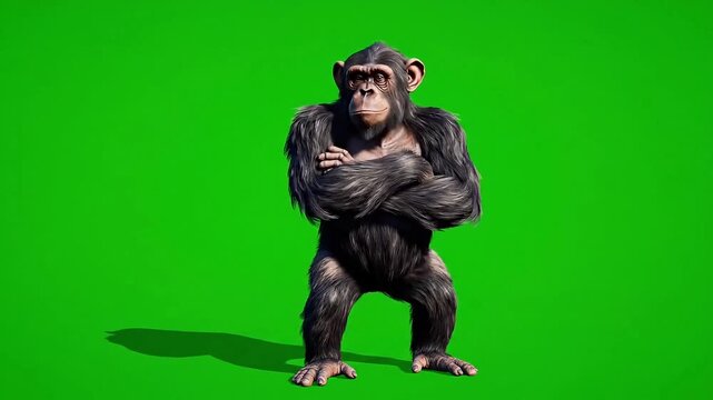 Aggressive chimpanzee standing with arms crossed on green screen
