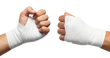 group of closeup of boxer hand with white hand wrap isolated on white background