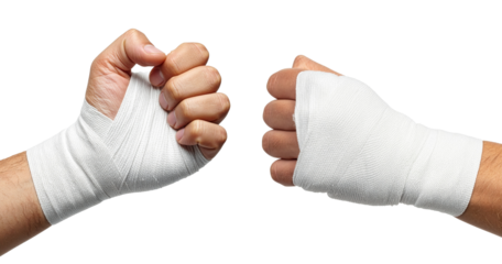 group of closeup of boxer hand with white hand wrap isolated on white background