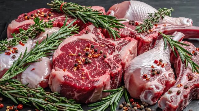 Raw lamb chops and steaks seasoned with rosemary and peppercorns on a dark surface